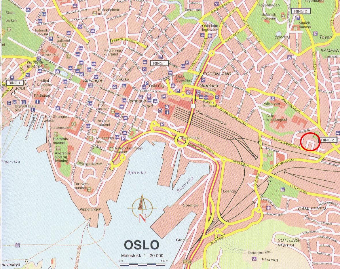 karta Oslu-centar grada Norveške 