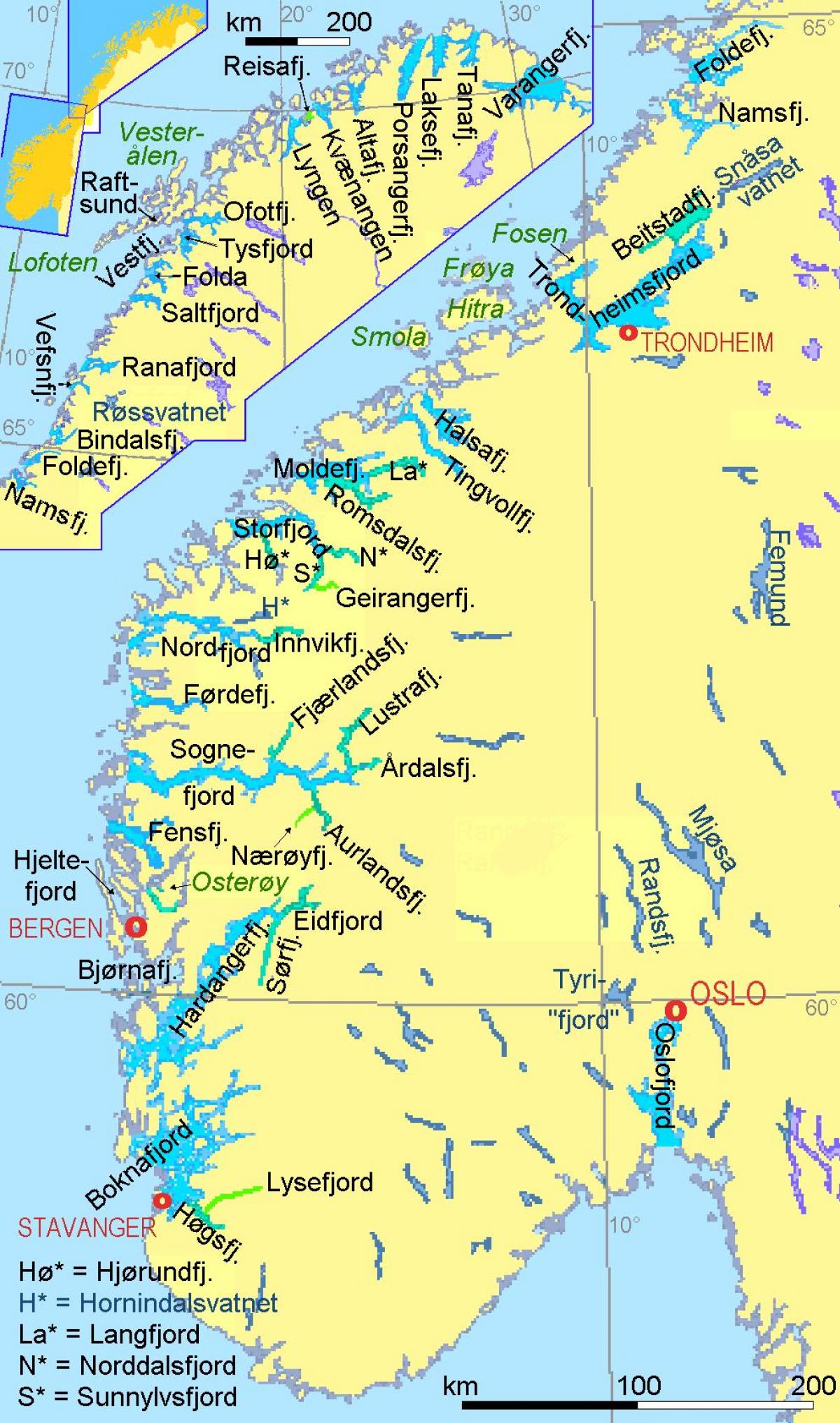karta Norveškoj pokazuje fjordovi